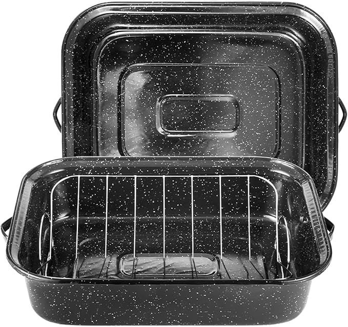 21Inch Roasting Pan, Extra Large Rectangle Roasting Pan With Rack, 25lb Capacity, Large Roaster pan for Baking Turkey, V-Rack and Versatile Lid Bone Turkey Baster by DIMESHY