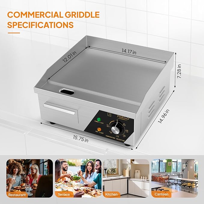 Bonnlo 14 Inch 1500W Commercial Griddle with Stainless Steel Countertop, Flat Griddle, 122-572℉ Adjustable Temp Control of Electric Flat Top Grill for Cheese 、Steak and Egg Indoor and Restaurant