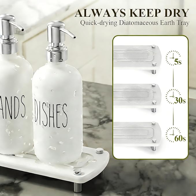 Cisily Kitchen Soap Dispenser Set Comes with Ceramics Sponge Holder, Gold Pumps, and Instant Dry Tray, Hand and Dish Soap Dispenser Set (4, Silver + White + Sponge Holder)
