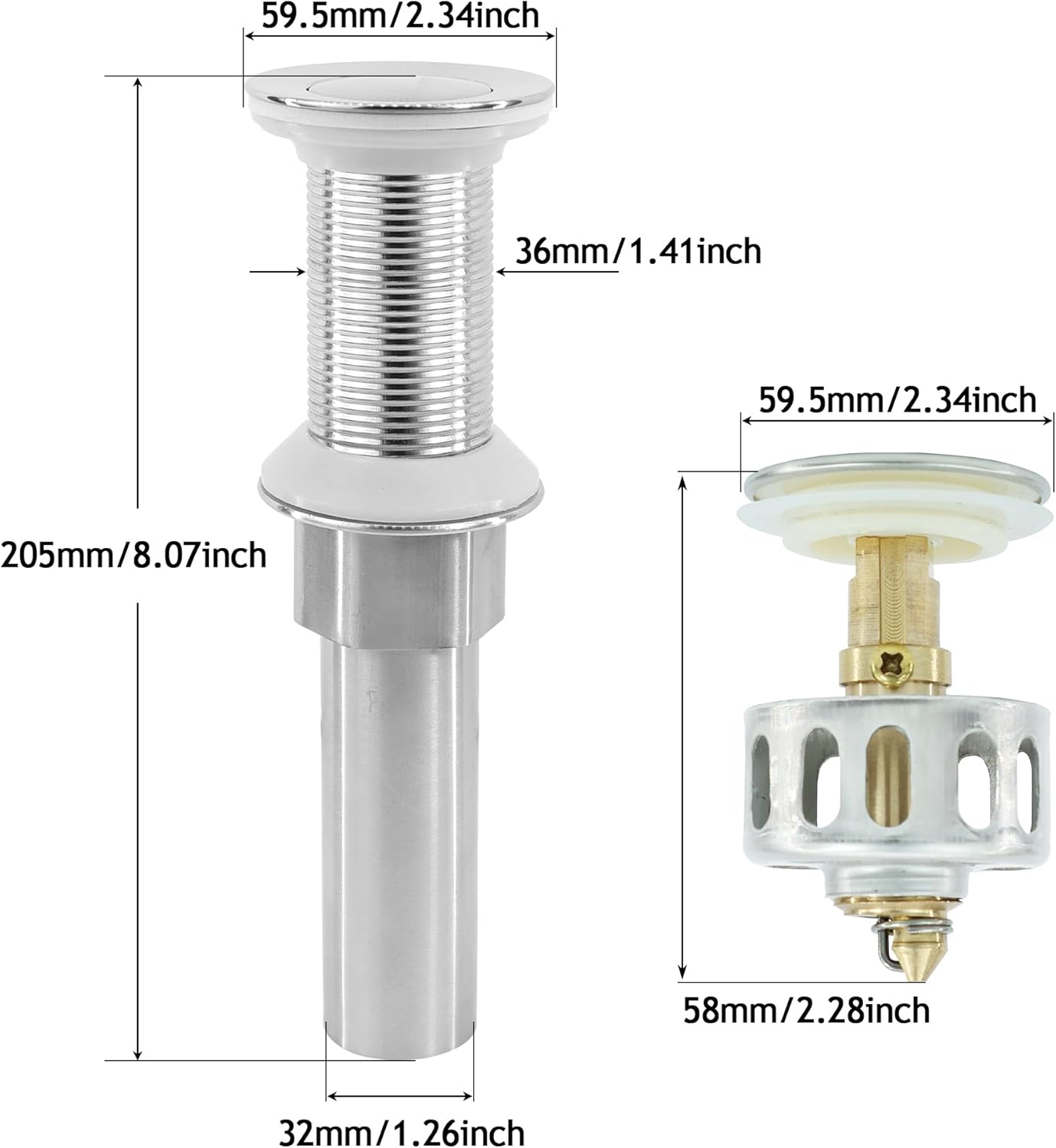 Bathroom Sink Drain,Drain Stopper Bathroom Sink Without Overflow,Small Cap Pop Up Drain Assembly with Detachable Strainer Basket,Built-in Anti-Clogging, Stainless Steel Nut Brushed Nickel