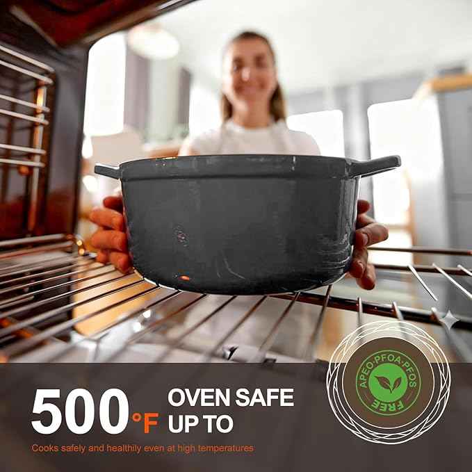 Overmont Refined Enameled Cast Iron Dutch Oven - 5.5QT Pot with Wide Handles Lid Cookbook & Cotton Potholders - Heavy-Duty Pre-Seasoned Cookware Oven Safe to 500°F for Braising, Stews, Roasting, Bread Baking