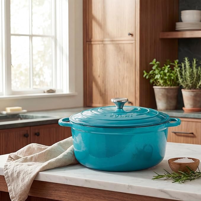 Zulay Kitchen 6 Quart Enameled Cast Iron Dutch Oven Pot with Lid – Premium Durability & Oven Safe up to 500°F – Heavy Duty Cookware Perfect for Bread Baking, Stews, Braising & Roasting - Light Blue
