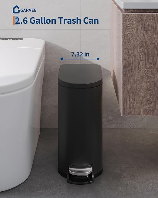 GarveeHome 1.6 Gal Step-On Trash Can, Stainless Steel Small Bathroom Garbage Bin with Soft Close Lid, Slim Space-Saving Design, Removable Inner Bucket for Bathroom, Bedroom, Office, Black