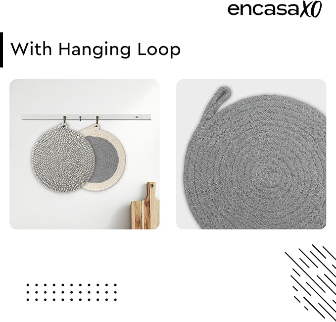 Encasa XO Round Trivet Mats for Hot Dishes with Hanging Loop | Grey Combo - Set of 6 with 7 inch Diameter | Cotton Round Thick Heat Resistant Pot Holders | Use Hot Pads Plate Mats for Hot Pots & Pans