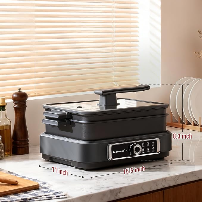 Indoor Grill, Techwood Electric Indoor Grill Griddle 7.5-Quart 1500W Versatile Multi-Cooker with 5-Level Heat Settings, Come with Removable Non-stick Grill Pan& Cooking Pot, Dishwasher Safe