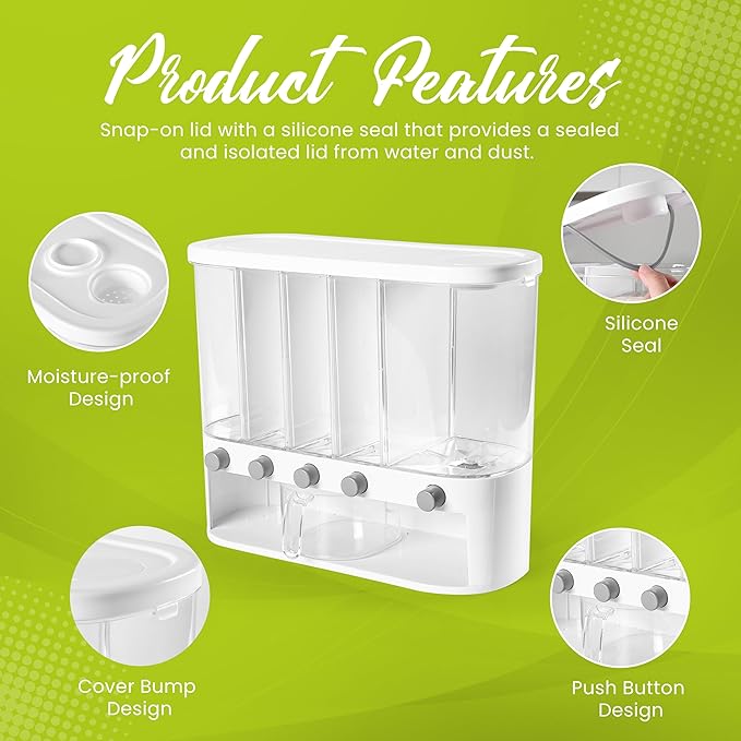 Wall Mounted Dry Food Dispenser with Individual Containers and Removable Walls for Rice, Beans, small grains, Lentils for Pantry and Kitchen Storage with Measuring Cup – 5 Grids