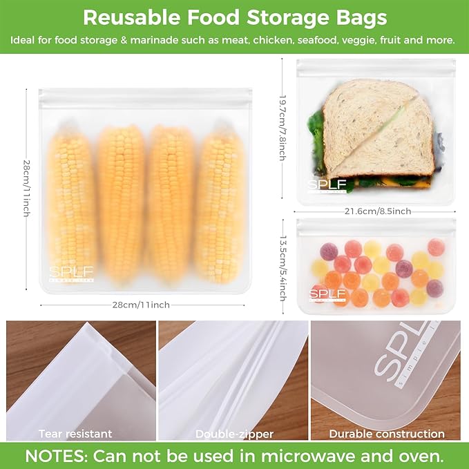 SPLF 6 Pack Dishwasher Safe Reusable Gallon Freezer Bags, BPA FREE Extra Thick Reusable Storage Bags Leakproof Silicone and Plastic Free for Marinate Meats, Cereal, Sandwich, Snack, Travel Items