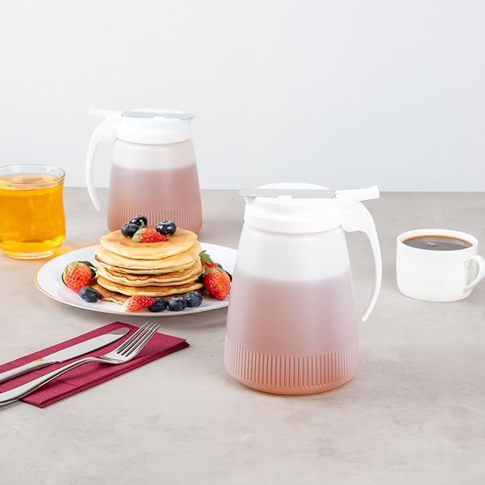 Restaurantware-Chef 101 48 Ounce All Purpose Syrup Dispenser, 1 Honey Dispenser - White Top, Stainless Steel Slide Cover, Plastic Pancake Syrup Bottle, Perfect For Diners, Restaurants, Home