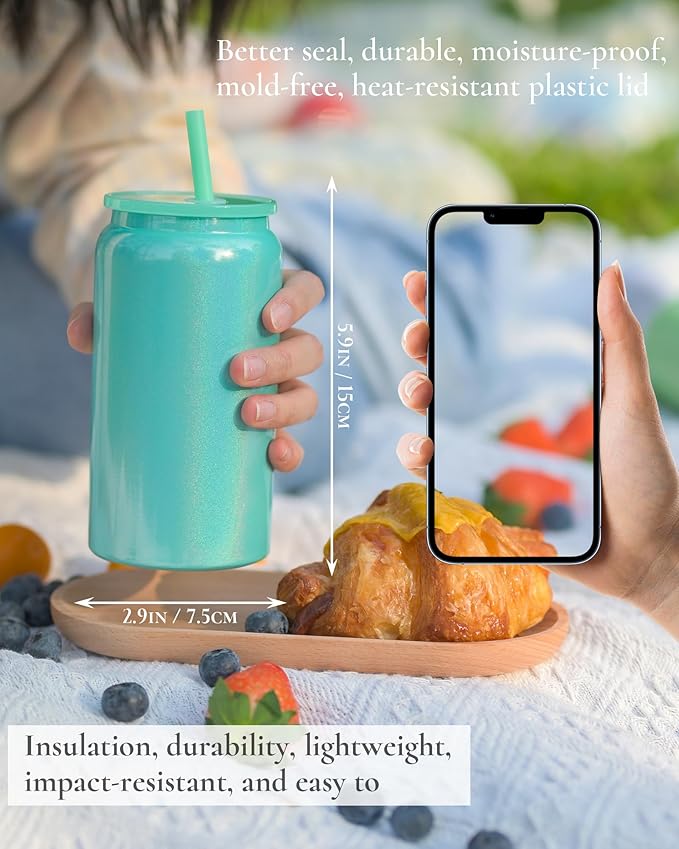 Glass Cups with Lids and Straws, 16oz Stainless Steels Cups, Beer Cups, Iced Coffee Cup, Smoothie Cup, Sublimation Tumbler, Cyan (Shiny Polished Finish, Sublimatable)