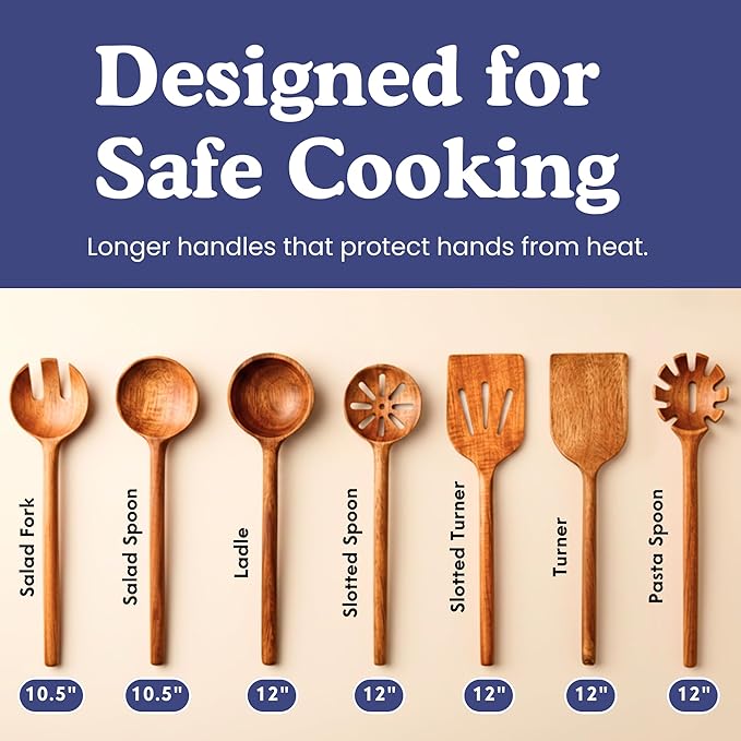 Non-Toxic Wooden Spoons for Cooking– 7-Piece Kitchen Utensils Set, Glue-Free & One-Piece Cooking Utensils, Natural Wooden Utensil Set with Plant-Based Finish, Free of Forever Chemicals