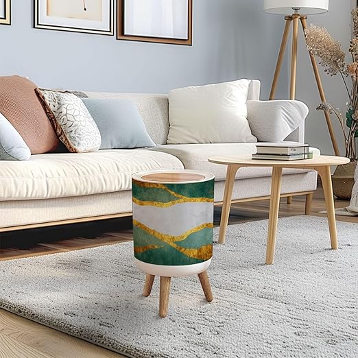Trash Can with Lid 3d abstract marble green gray marble golden shapes for home living Press Top Round Small Garbage Bin with Wooden Legs Waste Basket for Kitchen Bedroom Nursery 7L/1.8 Gallon