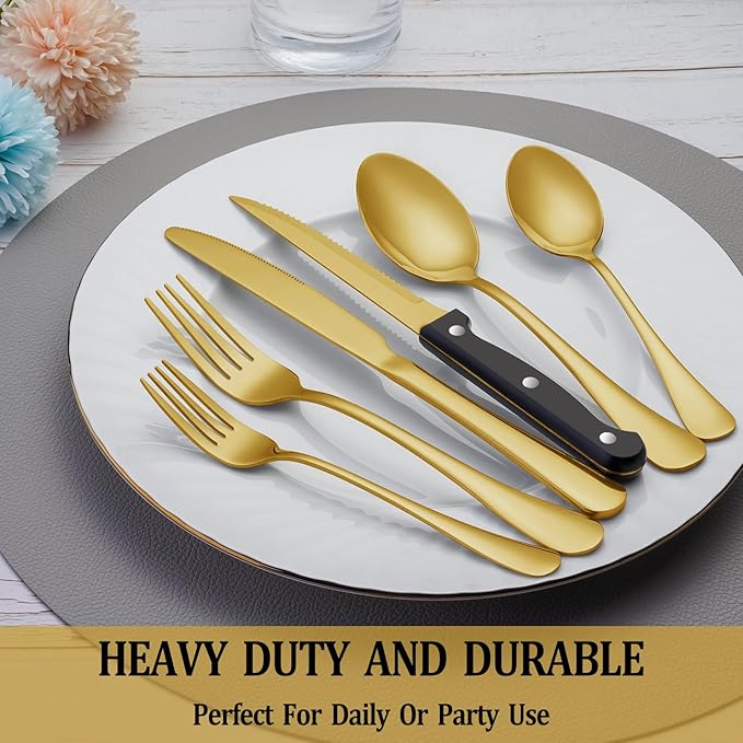 24 Pcs Gold Silverware Set with Steak Knives, Stainless Steel Flatware Cutlery Set Service for 4, Kitchen Tableware Set, Utensil Set for Home and Restaurant, Knives Forks Spoon Set, Dishwasher Safe
