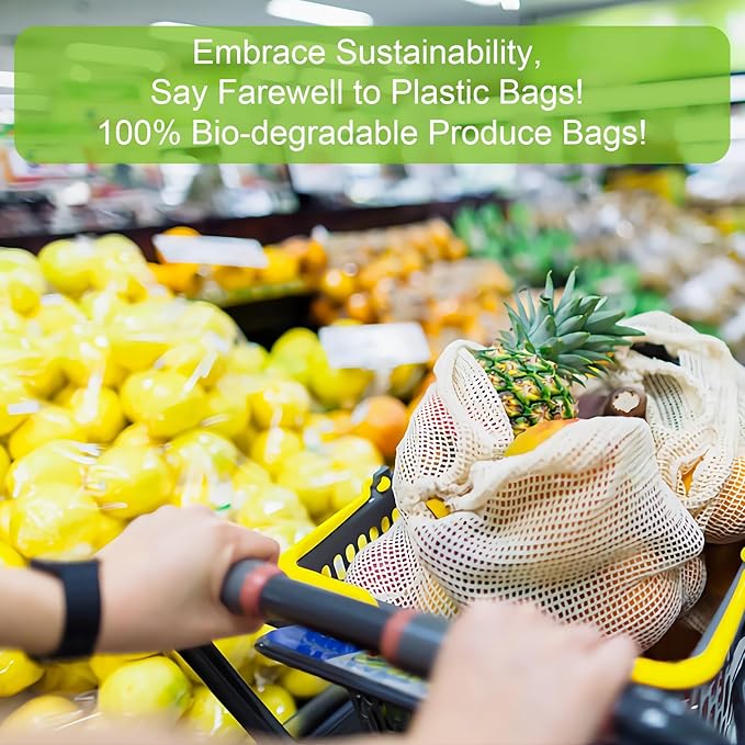 KerKoor Reusable Cotton Mesh Produce Bags - Produce Storage, Vegetable & Fruit Bags (6 Pack)