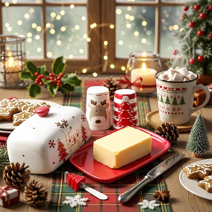 Ziliny 4 Pcs Christmas Dishes Set Include 1 Ceramic Elk Butter Dish with Lid 2 Salt and Pepper Shakers and 1 Christmas Tree Cheese Spreader with Stainless Steel Blade for Winter Festive Dinner Gift