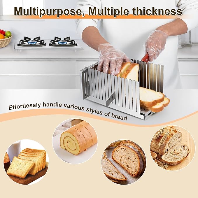 Stainless steel Bread Slicer for Homemade Bread,Adjustable Width,Foldable Compact,Bread Slicing Guide,Bread Loaf Slicer,for Cakes,Bagels,slice is 0.5",Bread width: 5.5"-8.3"(Silvers)