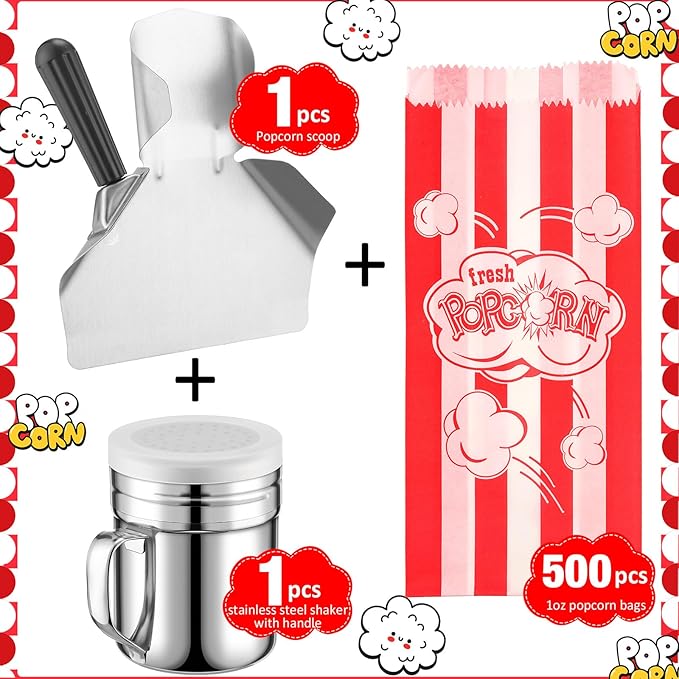 Potchen 502 Pieces Popcorn Machine Supplies Set Includes 500 Pcs 1oz Red and White Popcorn Bags Bundle Scoop and Stainless Steel Seasoning Dredge Salt Shaker for Party Movie Night Theater(Burst)