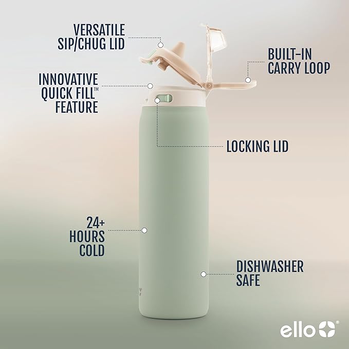 Ello Pop & Fill 40oz Stainless Steel Water Bottle with Quick Fill Technology, Double Walled and Vacuum Insulated Metal, Leak Proof Locking Lid, Sip and Chug, Reusable, BPA Free, Pistachio