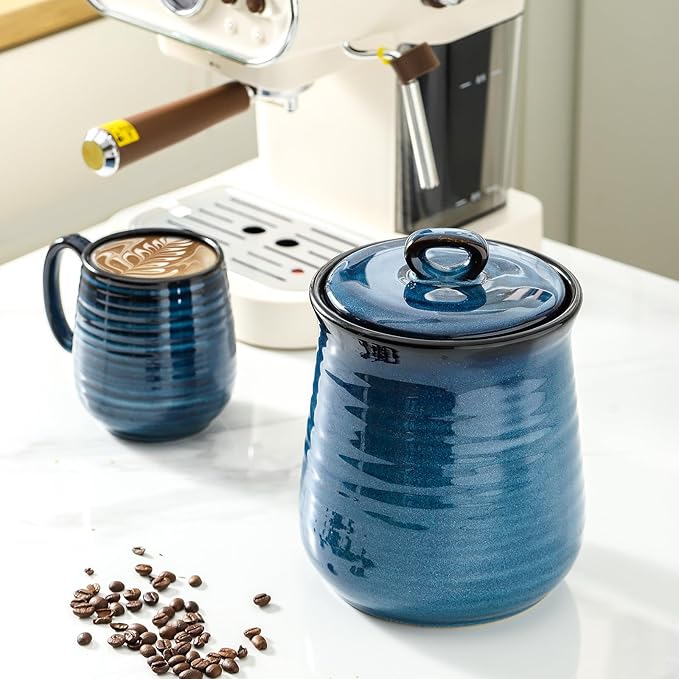 HASENSE Ceramic Food Storage Jar with Airtight Lid, 80 FL OZ Large Blue Coffee Container & Candy Canister for Countertop, Farmhouse Kitchen Decor for Sugar, Tea, Flour, Cookies, Snacks & More