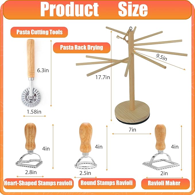 Rotary Pasta Drying Rack,Detachable Wood Pasta Rack with Pasta Molds & Stamps Ravioli with Pasta Cutter Wheel (4 pcs),Spaghetti Pasta Dryer Rack Collapsible Noodle Drying Rack Hanger Stand