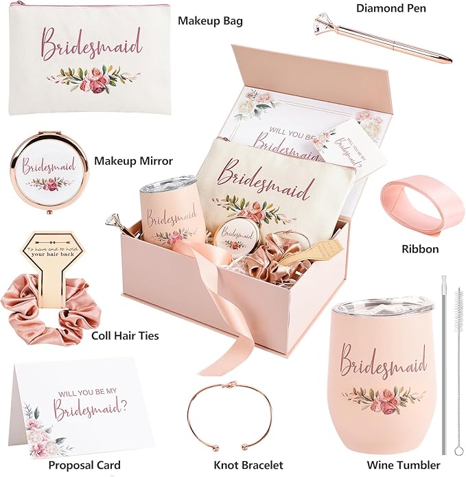 CARAKNOTS Bridesmaid Proposal Gifts Box, Will You Be My Bridesmaid Gift Set Pink Bridesmaids Box for Wedding Bridal Bachelorette Party Favor Stainless Steel Wine Tumbler 12 oz