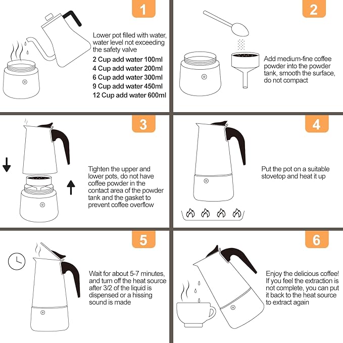 6 Cup 300ml Moka Pot Stainless Steel Espresso Coffee Maker Stovetop Coffeemaker Italian Classic Style Brewing Greca Cafe Mocha Machine for Cafeteras Lover Camping Travel and Home Use 10oz