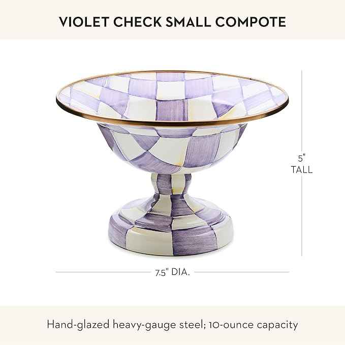 MACKENZIE-CHILDS Enamel Compote, Pedestal Serving Dish or Decorative Bowl, Small, Purple-and-White Violet Check