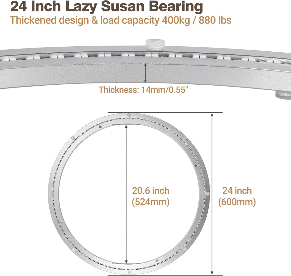 24 Inch Lazy Susan Aluminum Alloy Rotating Turntable Bearing, Non - Slip Mute Metal Bearing Swivel Plate Hardware for Dining and Workbench,880 Pounds Capacity