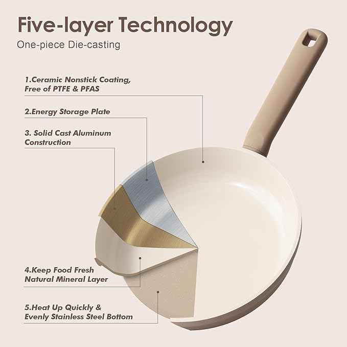 SENSARTE Ceramic Nonstick Pots and Pans Set 17pcs, Healthy Induction Cookware Set, Nontoxic Kitchen Cooking Set with Skillets & Saucepans, Stay-cool Handles, PFAS PTFE PFOA PFOS Free,Taupe