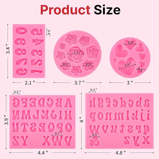 Silicone Letter Molds for Chocolate, 5 Pcs Alphabet Number Rose Heart Shape Candy Molds, Fondant Molds for Candy Cupcake Desserts Cake Decorations