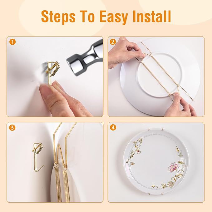 Bilillo 6 Pieces Invisible Heavy Duty Plate Holder, Stainless Steel Plate Hangers for The Wall, Plate Hangers for Display with Wall Hooks, Suitable for 4-5 inch Decorative Plates and Arts (Gold)