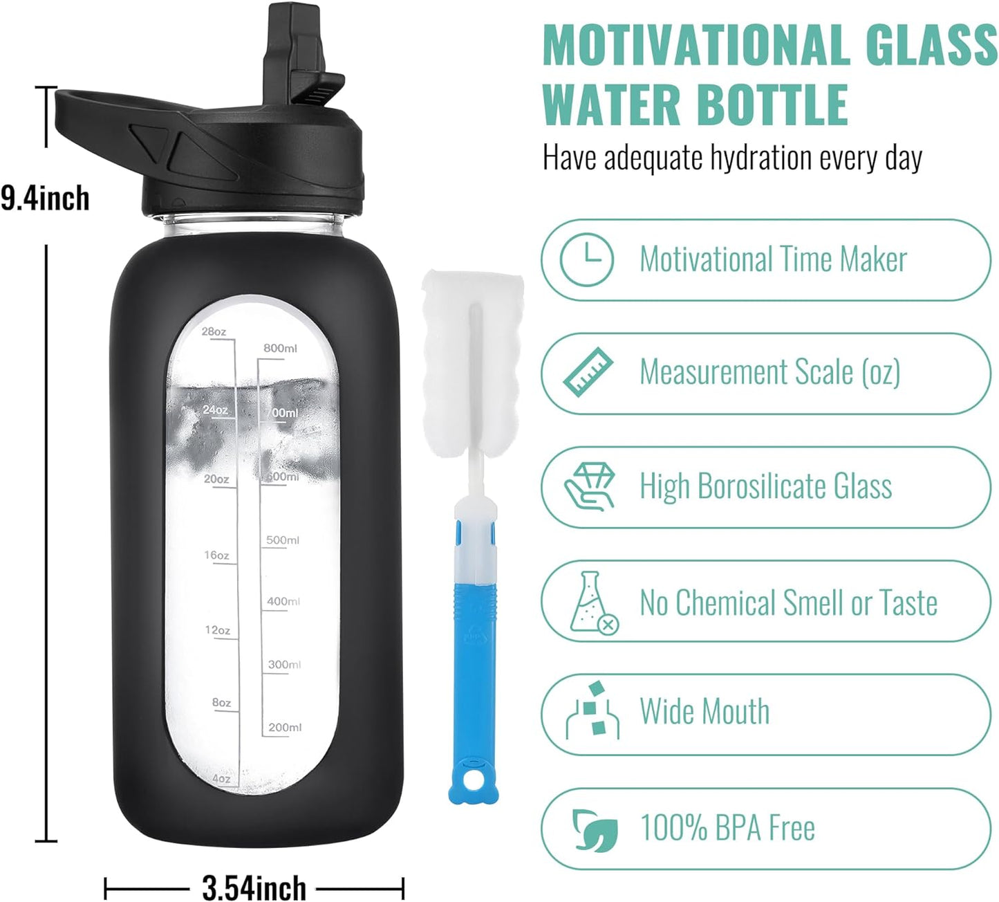 CIVAGO 32 oz Glass Water Bottle with Straw and Handle, Large Sports Motivational Water Bottle Flask with Time Marker and 2 Lids, Leakproof Water Jug Canteen with Silicone Sleeve for Gym,Apricot