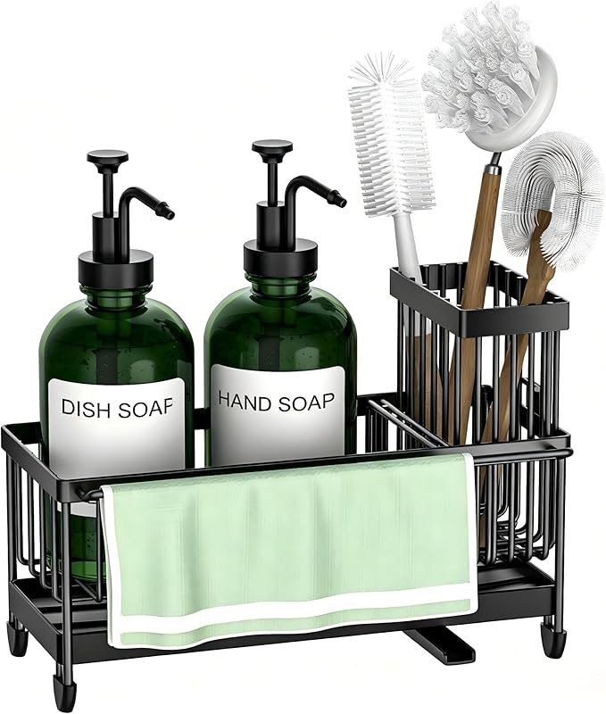 Kitchen Soap Dispenser Set with Sponge Holder and Towel Rack, 17OZ Glass Bottle, Hand and Dish Soap Dispenser Set, Non-Slip Silicone Pad, Brush Holder, Kitchen Sink Caddy Organizer Countertop (Green)