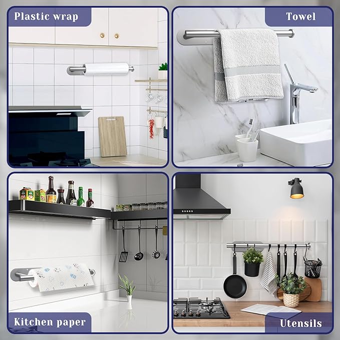 Paper Towel Holder, Self Adhesive or Drilling Paper Towel Holder Under Cabinet, Stainless Steel Silver Paper Towel Holders Wall Mount for Kitchen, Bathroom, Sink, Pantry, Fridge