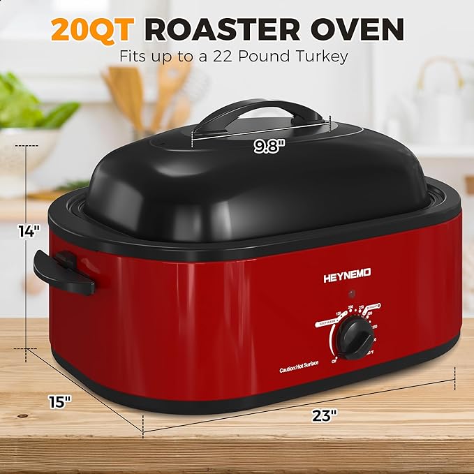 20 Quart Roaster Oven，Electric Turkey Roaster Oven with Defrost & Warm Function, Adjustable Temperature, Removable Pan & Rack, Stainless Steel, Red