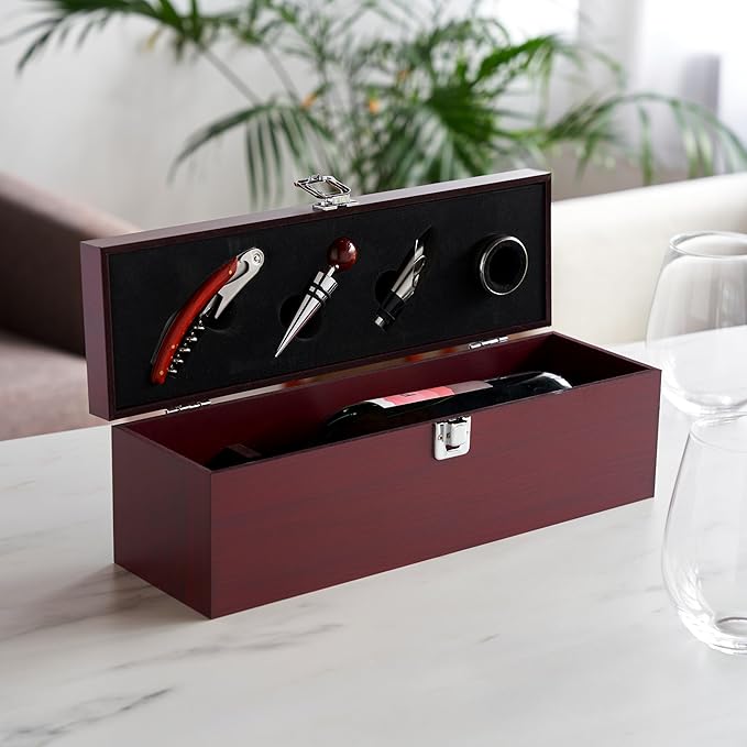 True Cherry 1-Bottle Wine Accessories Gift Set | Premium Corkscrew Opener Kit, Drip Ring, and Wine Pourer and Stopper in Wood Case with Padded Insert