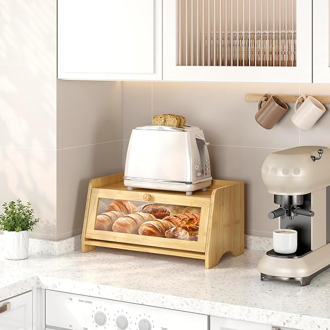 JANSNIMEN Bread Box for Kitchen Countertop, Large Bread Container Storage, Wooden Farmhouse Bread Box with Window Bread Holder (Natural Bamboo)