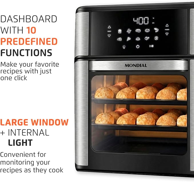 Air Fryer Oven 1800W, 12.7QT Capacity, Touchscreen Panel, Automatic Shut-Off, Toaster + Airfryer – Black & Stainless Steel – Mondial