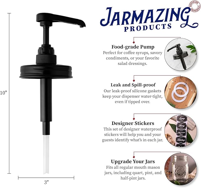 Jarmazing Products Mason Jar Syrup Dispenser Lids - Rust-Proof, Leak-Proof, Food Grade Pumps for Coffee Syrups, Honey, Condiments, Salad Dressings and More - 3 Pack - Black