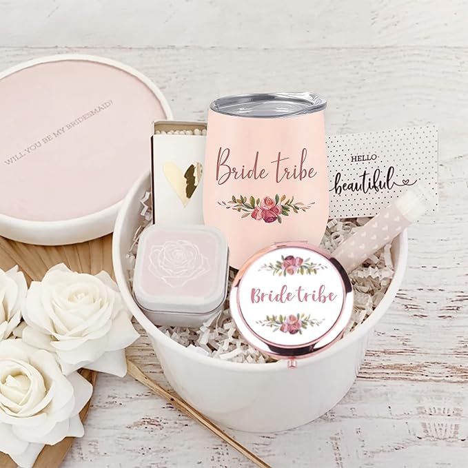 CARAKNOTS Bride Tribe Gifts Bride Tribe Cups Wedding Wine Tumbler for Bridal Shower Bachelorette Party Favor Accessories Pink Bridesmaid Cups Stainless Steel Wine Tumbler with Lid and Straw 12 oz