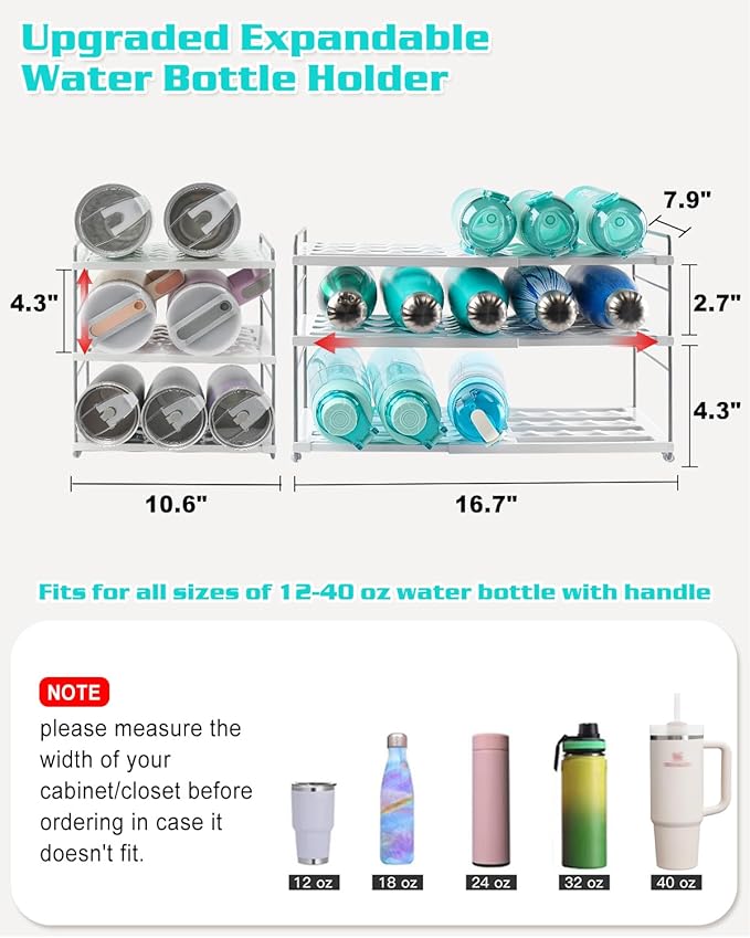 Cirhy Adjustable Water Bottle Organizer Holder for Cabinet, 3-Tier Expandable Water Bottle Storage Rack for Tumblers, Travel Mugs, and Cups – Kitchen Pantry Organization and Storage for Stanley Cups