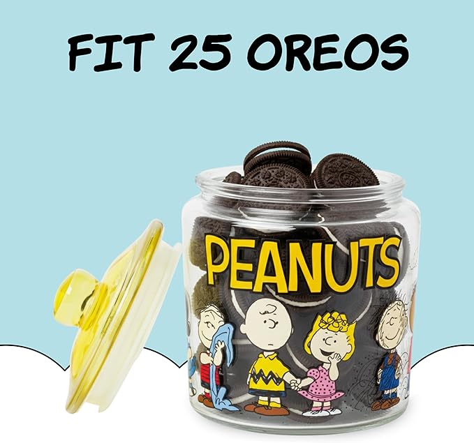 Silver Buffalo Peanuts Squad Featuring Charlie Brown, Snoopy, Schroeder, Lucy, Linus, Sally, Pigpen, Woodstock, and Franklin Glass Cookie Snack Candy Jar with Lid (Small)