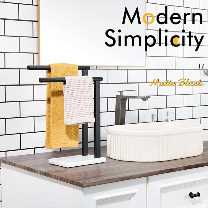 KOKOSIRI Hand Towel Racks Stand Towel Holder 2-Tier with Marble Base for Bathroom Vanity Countertop, Matte Black Stainless Steel 15.7'' Height THS0007-BK