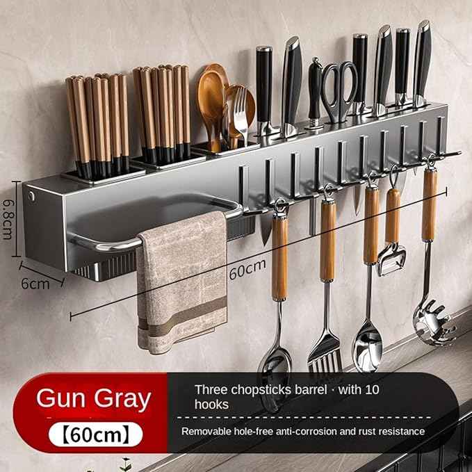 New Multi-Functional Kitchen Rack Home Wall-Mounted Knives Chopstick and Spoon Storage Rack Punch-Free cookware draining Rack, 40, Black