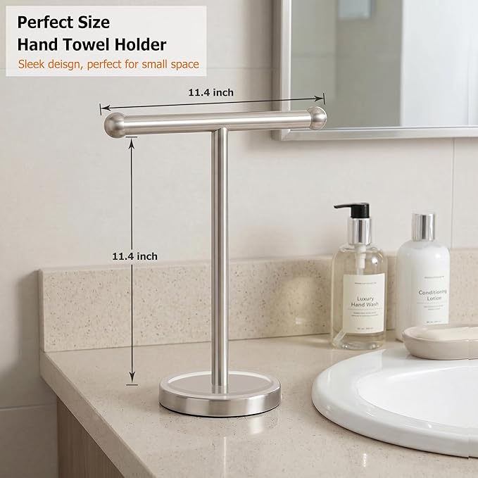 Hand Towel Holder Stand with Heavy Stainless Steel Base, T-Shape Towel Rack, Free-Standing Towel Holder Countertop for Bathroom (Brushed Nickel)