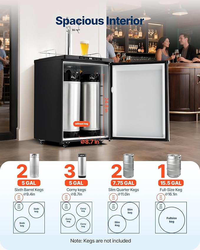 VEVOR Beer Kegerator, Dual Tap Home Draft Beer Dispenser for Ball Lock, Full Size Keg Refrigerator with 5lbs CO2 Tank, Hold 2 Sixth / 2 Slim / 3 Ball lock keg, 162L