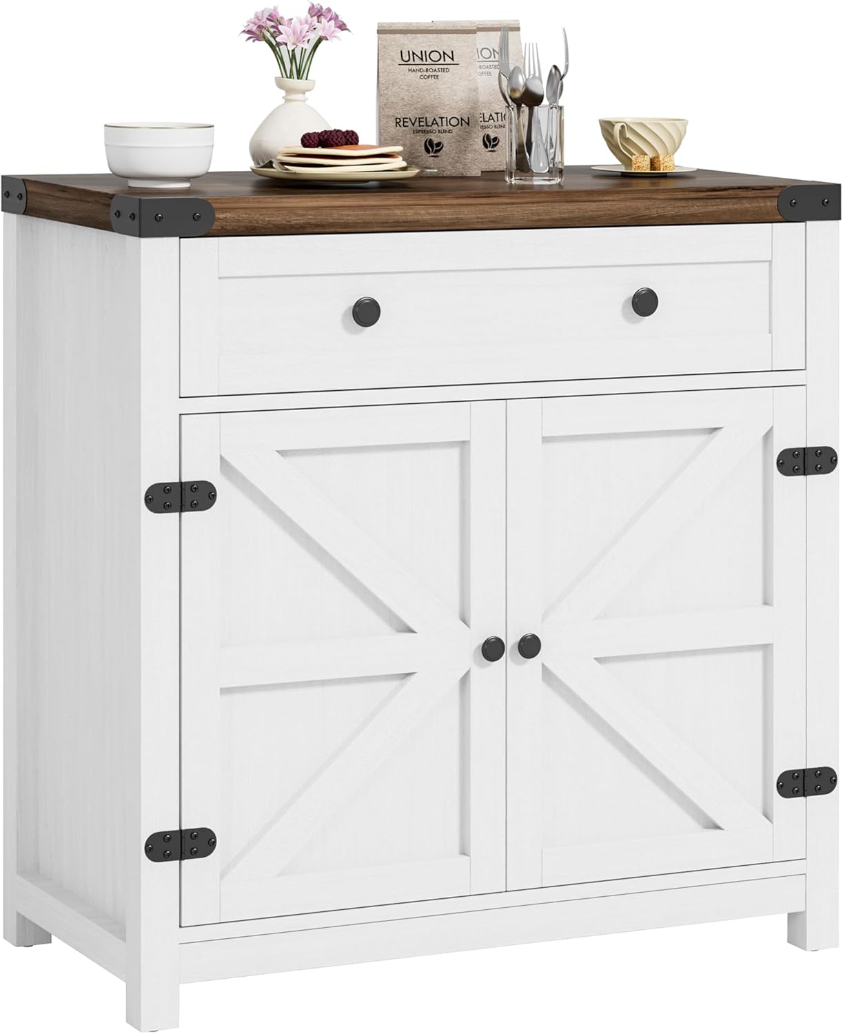YESHOMY Farmhouse Coffee Bar Cabinet Sideboards, with Barn Doors, Spacious Drawer, Adjustable Interior Shelf, Generous Top Surface, for Kitchen, Bathroom, Entryway, Living Room, Pure White