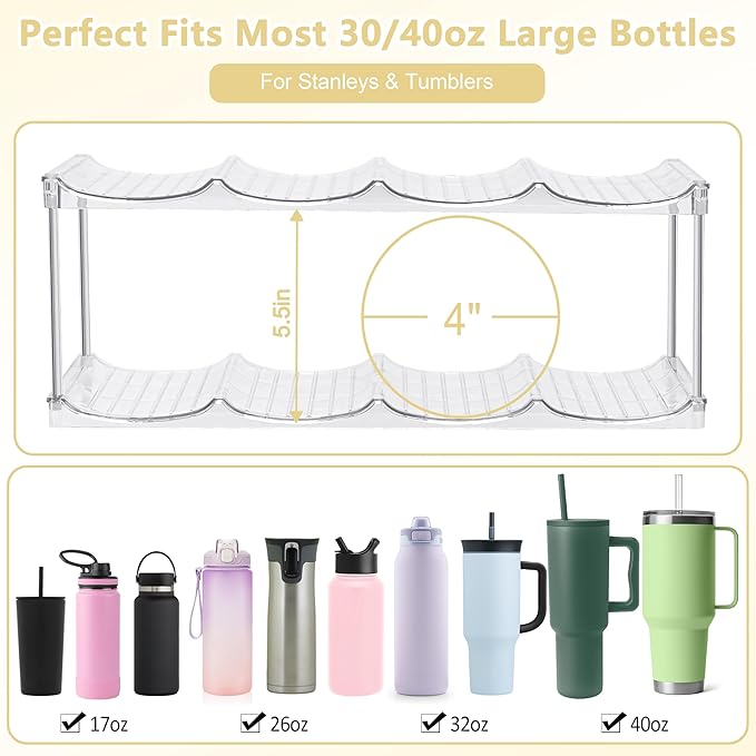 Water Bottle Organizer - Stackable Water Bottle Holder for Cabinet, Large Compartment Tumbler Organizer Wine Racks, Kitchen Organization and Storage for Stanley Cup Holder, 4 Tier Hold 16