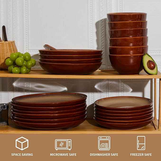 Stoneware Dinnerware Set Service for 4, 12 pcs Reactive Glaze Plates and Bowls Sets, Handmade Round Dishes Set, Highly Chip and Crack Resistant Modern Plate Set, Brown Yellow