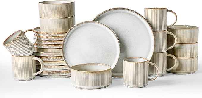 Famiware Star Dinnerware Set with Mugs, Service for 6 (24 Pieces), Ribbed Stoneware Plates and Bowls Dishes Sets - Chip & Scratch Resistant, Microwave & Dishwasher Safe, Cappuccino White