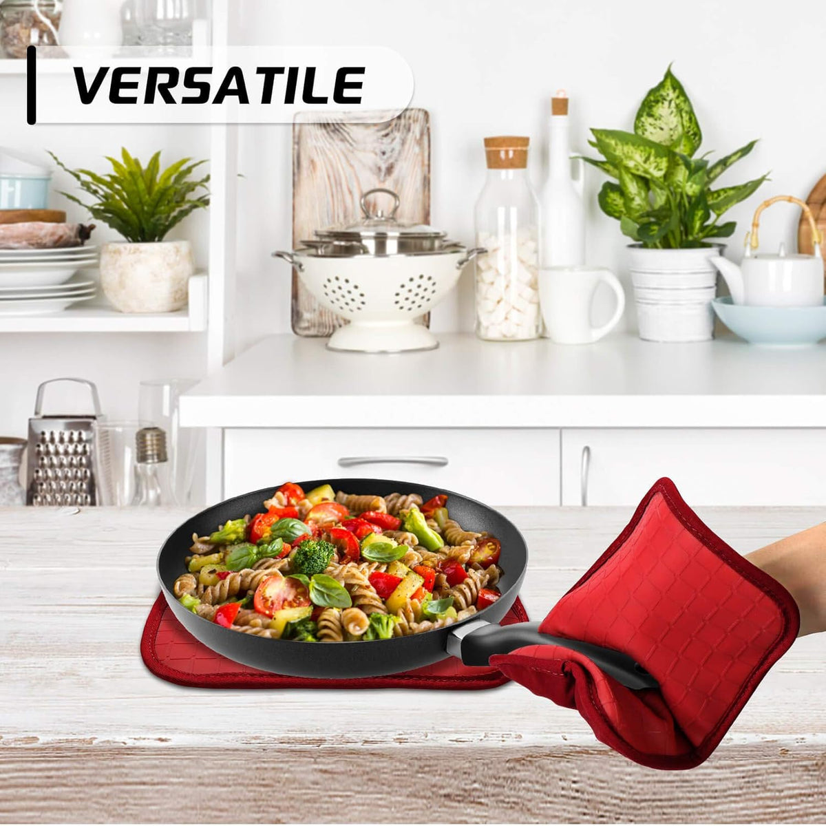 HOMWE Silicone Kitchen Pot Holders, 2 Pc Set Trivets, Steam and Heat Resistant Hand and Countertop Protection Hot Pads, Non-Slip Grip, Terrycloth Interior Lining, Red